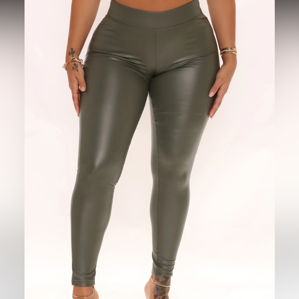 Faux Leather Leggings - Olive